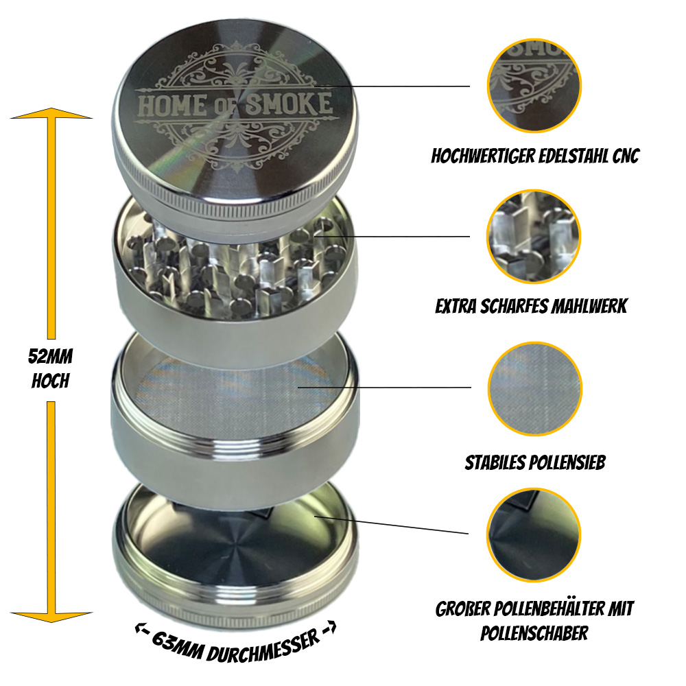 Home of Smoke - 4-teiliger Premium Edelstahl-Grinder: 63mm Präzision für perfekte Kräuterzerkleinerung Growversand Cludi Home of Smoke Edelstahl Grinder 3