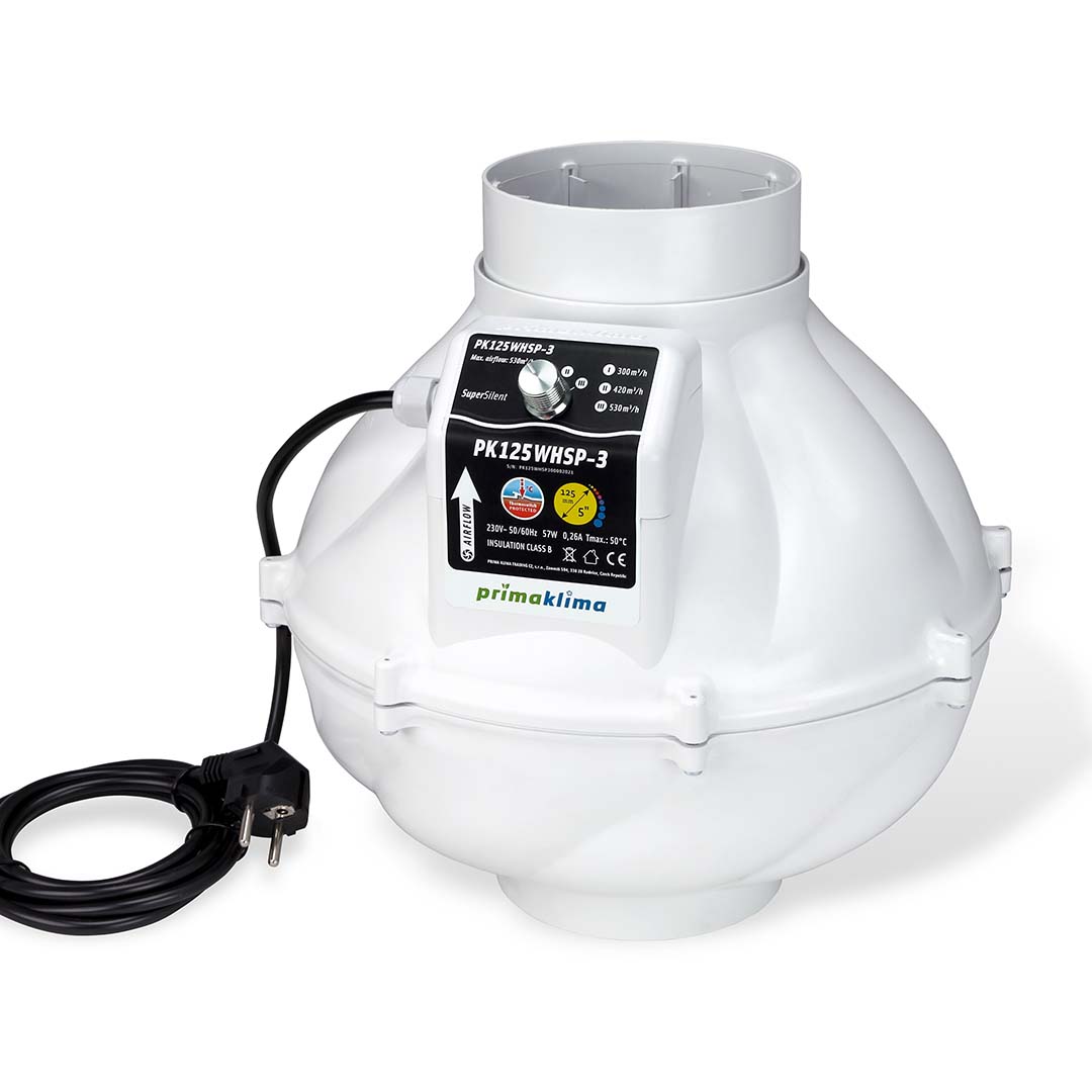 Prima Klima PK125WHSP-3 Whisperblower 3 Speed max. 530m³/h 125mm Silenced Fan Growversand primaklima whisperblower ec 3speed max 530m3h 125mm vorne