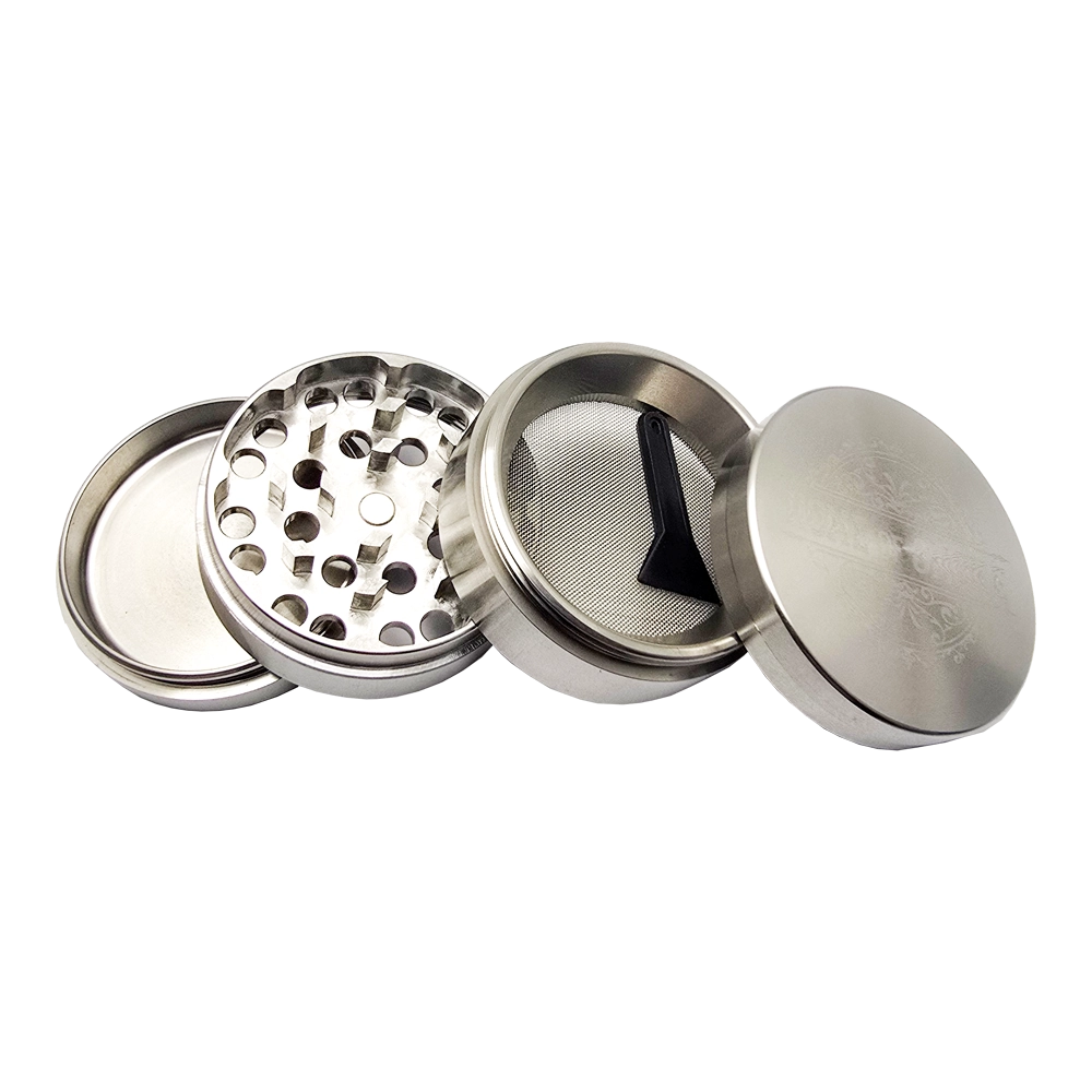 Home of Smoke - 4-teiliger Premium Edelstahl-Grinder - 50mm Version - Präzision für maximale Kräuterzerkleinerung Home of Smoke Edelstahlgrinder 4teilig geöffnet