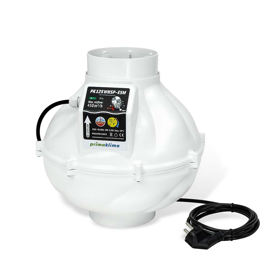 Prima Klima PK125WHSP-ESM Whisperblower EC 0-100% Dimmable 450m³/h 125mm Silenced Fan Growversand primaklima whisperblower ec 3speed 0 100 500m3h 125mm vorne